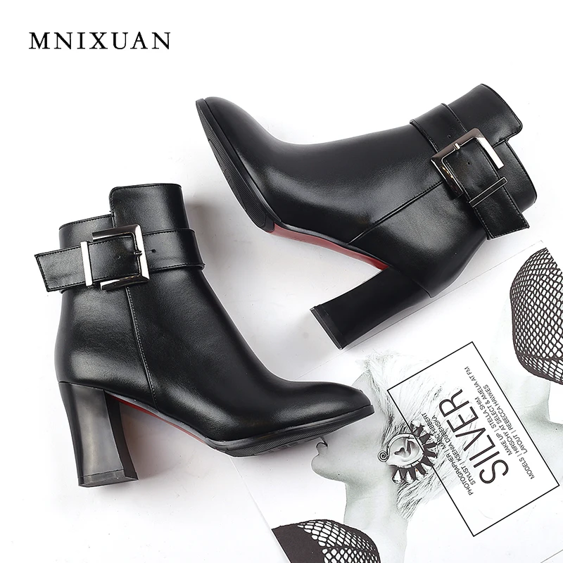 

MNIXUAN Fashion women short boots winter shoes 2018 new round toe ankle boot block high heels metal buckle with zipper big size