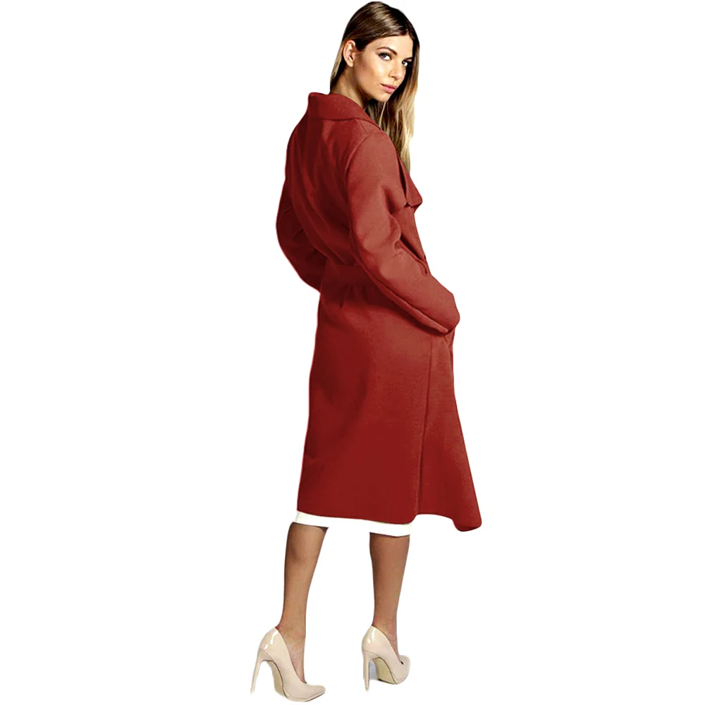 Зимнее пальто женское широкий лацкан и пояс карманное шерстяное пальто выше размера длинный красный плащ шерстяное пальто для женщин 4 размера 4 col