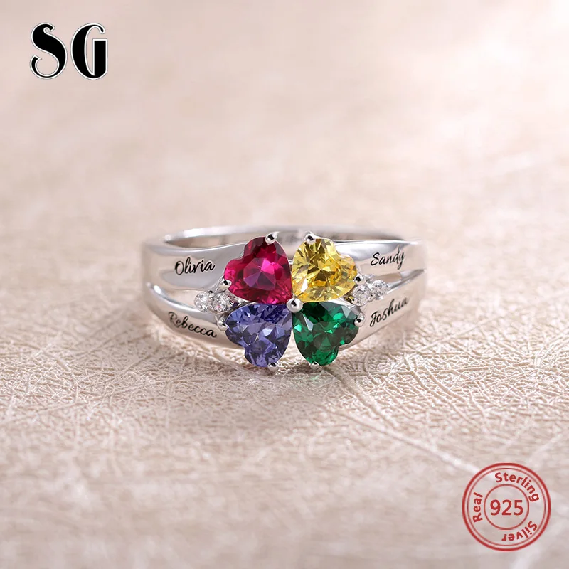 

SG Personalized Engagement Rings with 4 Birthstone Heart Ring Engraved Name Promise Ring Love Gift Jewelry for Women Mother day'
