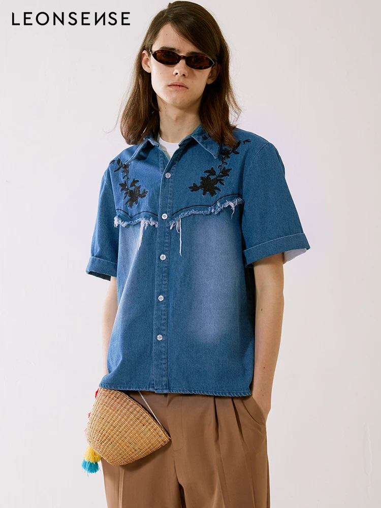 

LEONSENSE original brand Denim Shirt Mens New Short sleeve Casual Men Shirts Plant petals Embroidered Shirt camisa masculina