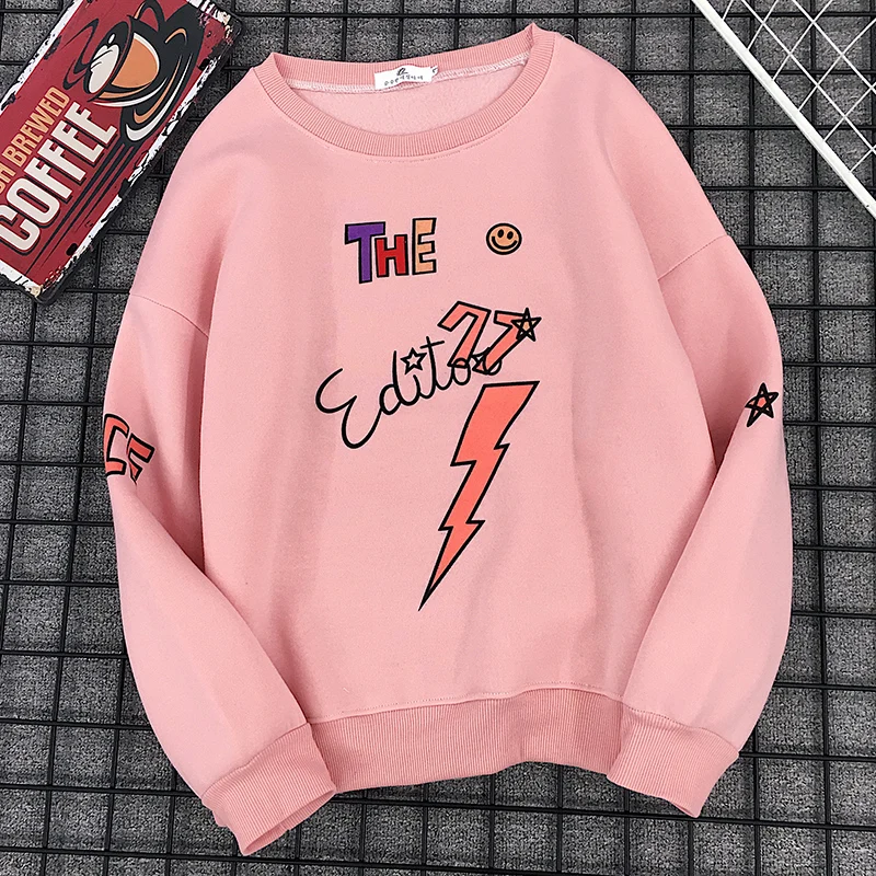 New Korean Edition Plush Thicken Cartoon Print Pink kawaii sweatshirt | Женская одежда