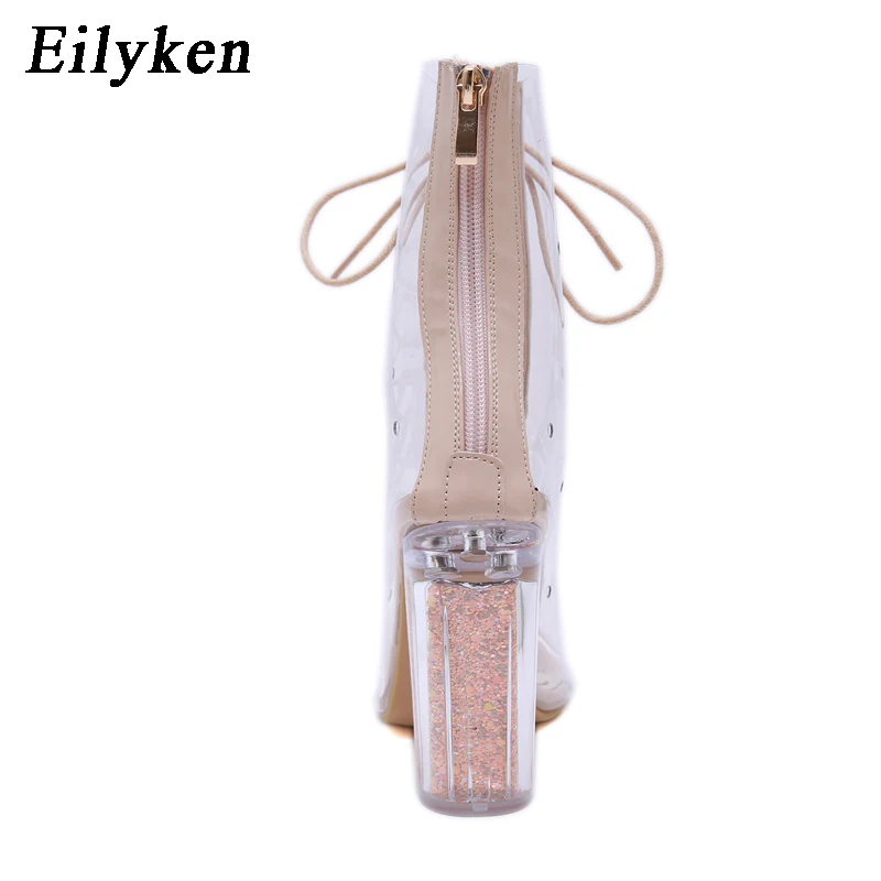 Eilyken/летние сапоги; пикантные прозрачные сандалии-гладиаторы из пвх; обувь с открытым носком и перекрестными ремешками; женские ботильоны на не сужающемся книзу массивном каблуке
