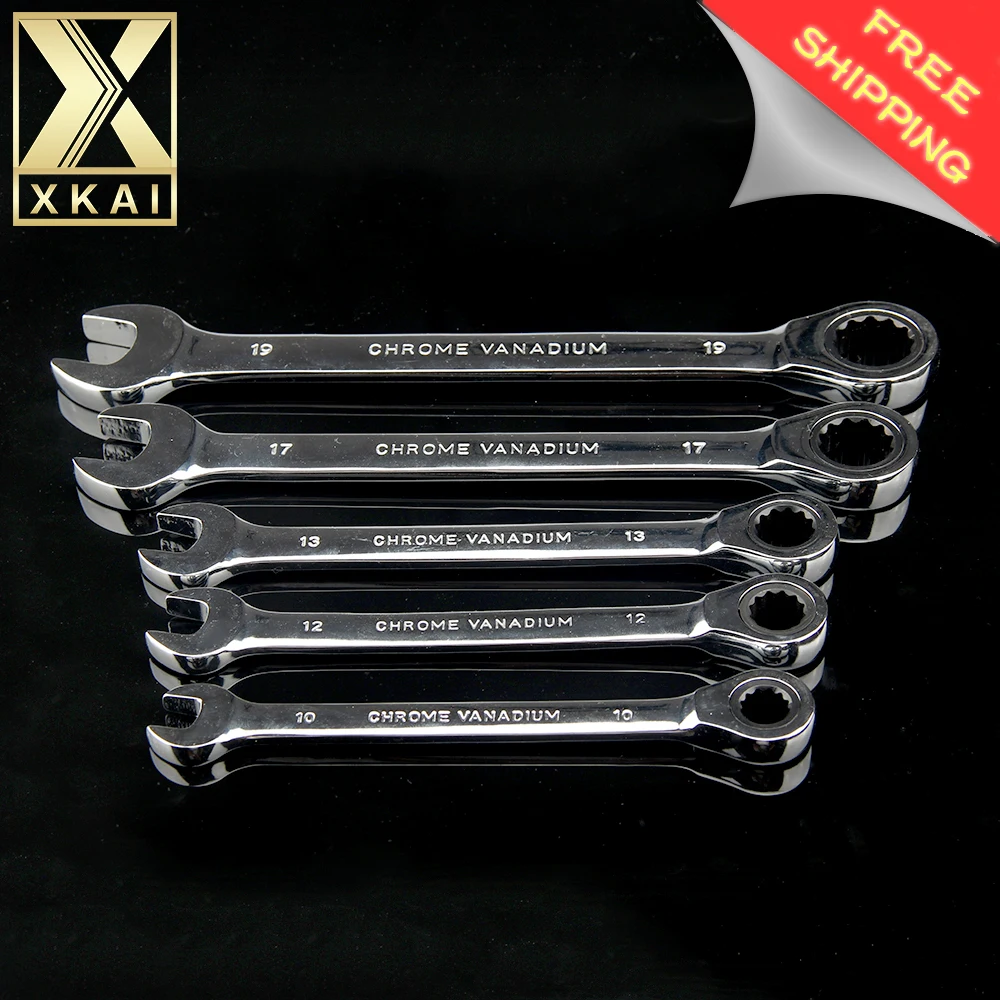 XKAI 10.12.13.17.19mm 5PC Ratchet Spanner Combination wrench a set of keys gear ring wrench ratchet handle Chrome Vanadium