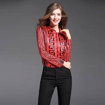 

Fashion Plus Size red Long Sleeve Turn-down Collar Formal Elegant Ladies Female printing Shirt Ladies tops school blouse