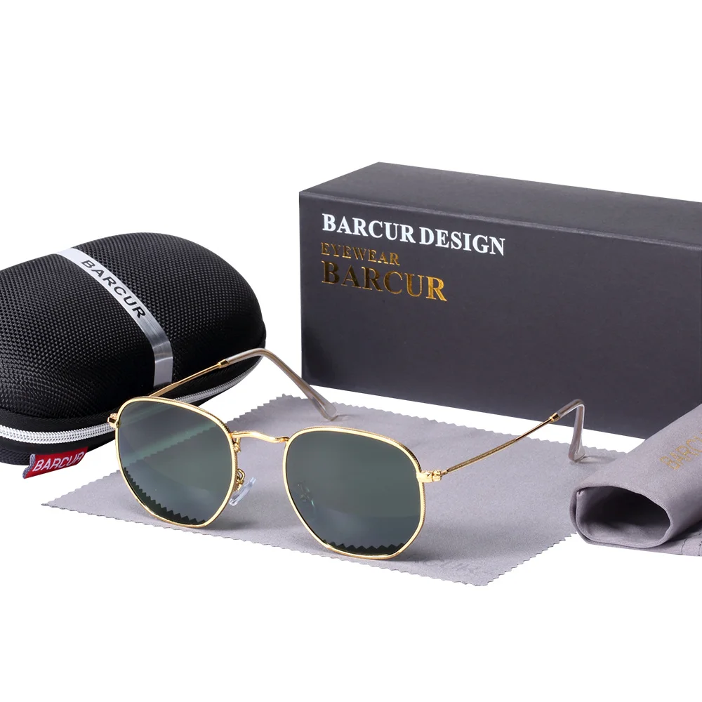 BARCUR UV400, стеклянные линзы, солнцезащитные очки для мужчин, Ретро стиль, металлические шестиугольные Круглые Солнцезащитные очки для женщин, винтажные очки для глаз, es Oculos De Sol - Цвет линз: Gold Green