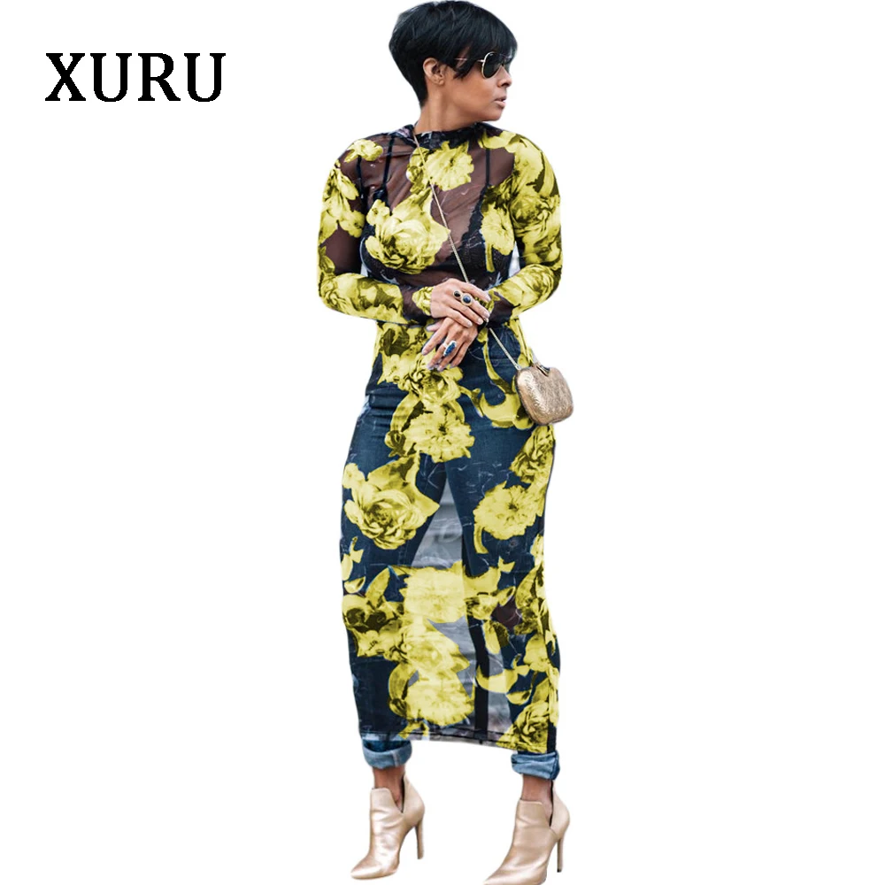 

XURU Autumn Long Sleeve Women Dress Floral Printed See Through Mesh Long Bodycon Dresses Streetwear Casual Plus Size Dress XXXL