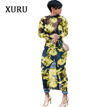 XURU Autumn Long Sleeve Women Dress Floral Printed See Through Mesh Long Bodycon Dresses Streetwear Casual Plus Size Dress XXXL XURU Autumn Long Sleeve Women Dress Floral Printed See Through Mesh Long Bodycon Dresses Streetwear Casual Plus Size Dress XXXL