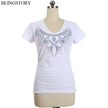 

BLINGSTORY Women's Diamond Short-sleeved Cotton Summer Tee Plus Size Black Tshirt