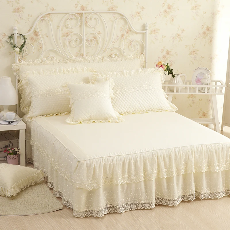 Pink Beige Cotton Lace Girls Bedding set Bed skirt 3/6Pcs Twin Full Queen King Double Single size Bed Spread set Pillowcases