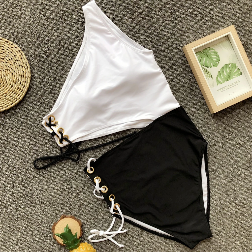 One shoulder swimwear one-piece swimsuit high waist Bikini women 2018 White Bathing suit Bandeau Monokini Hollow Out Bodysuit