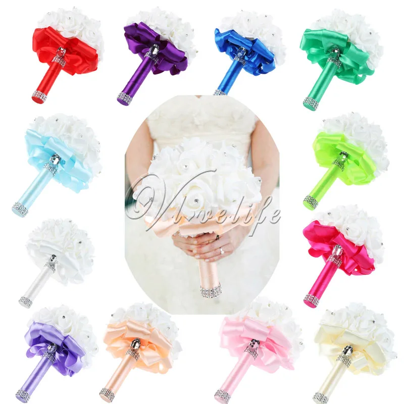 

16 x 22cm Wedding Bouquet Bridal Bridesmaid Rose Flower Artificial Satin Rose Handmade Rhinestone Diamonte Satin Ribbon Decor