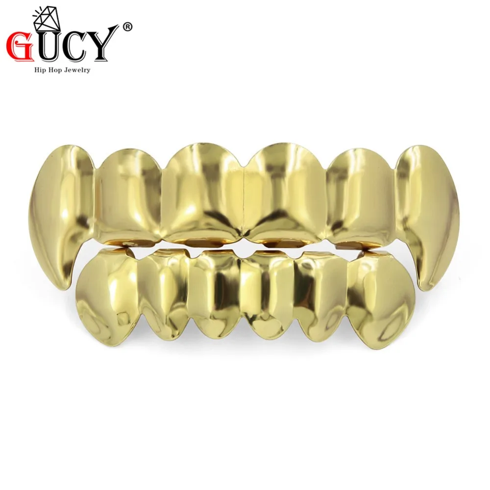 

GUCY New Custom Fit Gold Silver Plated HIP HOP Teeth Grillz Top & Bottom Vampire Fangs Teeth Grills Caps Set With silicone