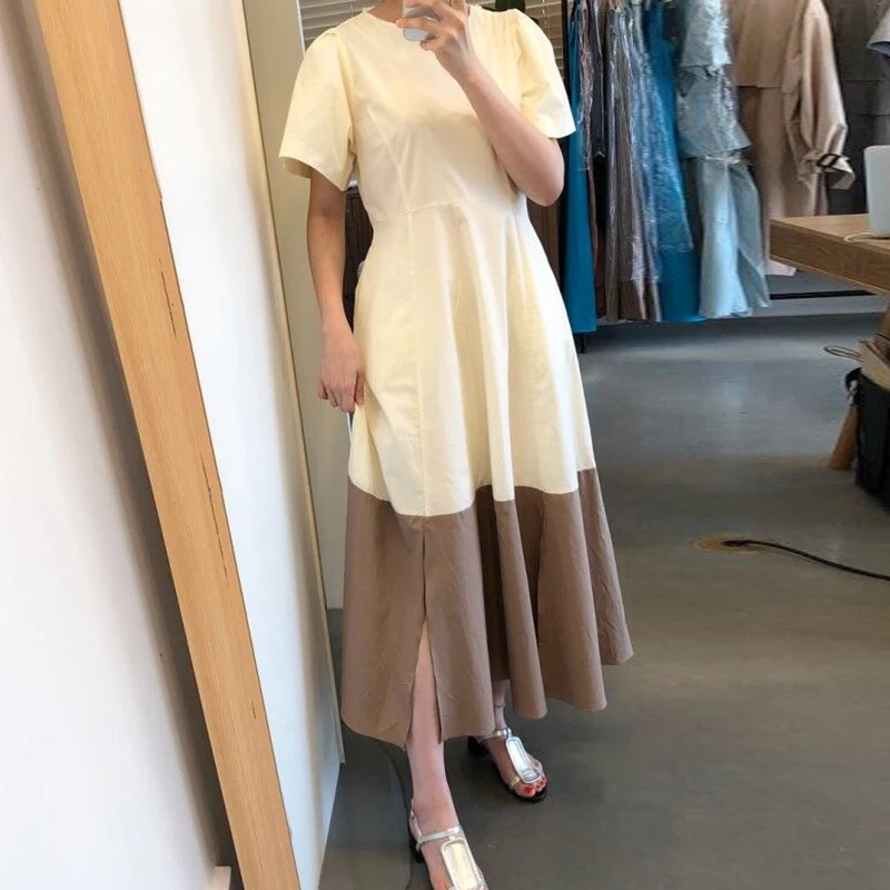 

Back Hollow Out Sexy Lady Dress One Piece Side Slit Short Sleeve Color Block Long Dress Robe Longue Vestido Largo Vestiti Lunga