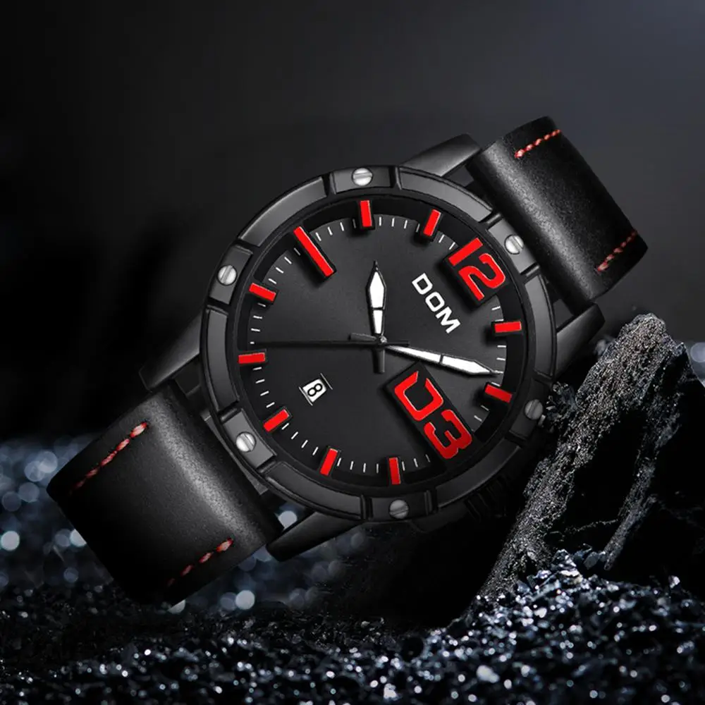 DOM часы мужские Роскошные Спортивные кварцевые наручные часы мужские s часы кожа Бизнес водонепроницаемые часы Relogio Masculino M-1218BL-1M5