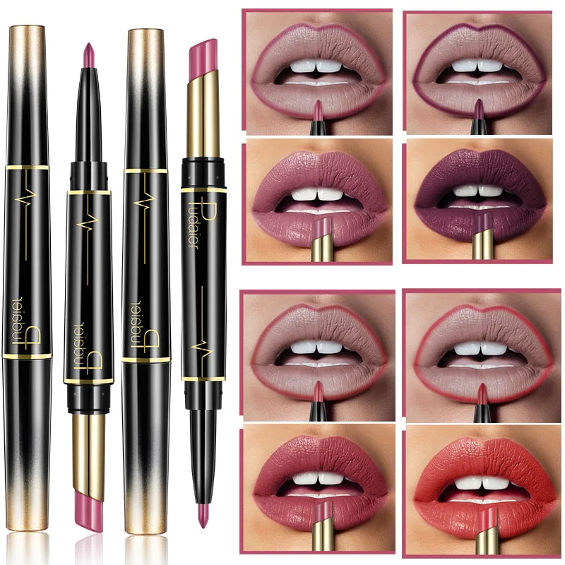 

Pudaier Matte Lipstick Wateproof Double Ended Long Lasting Lipsticks Brand Lip Makeup Cosmetics Nude Dark Red Lips Liner Pencil