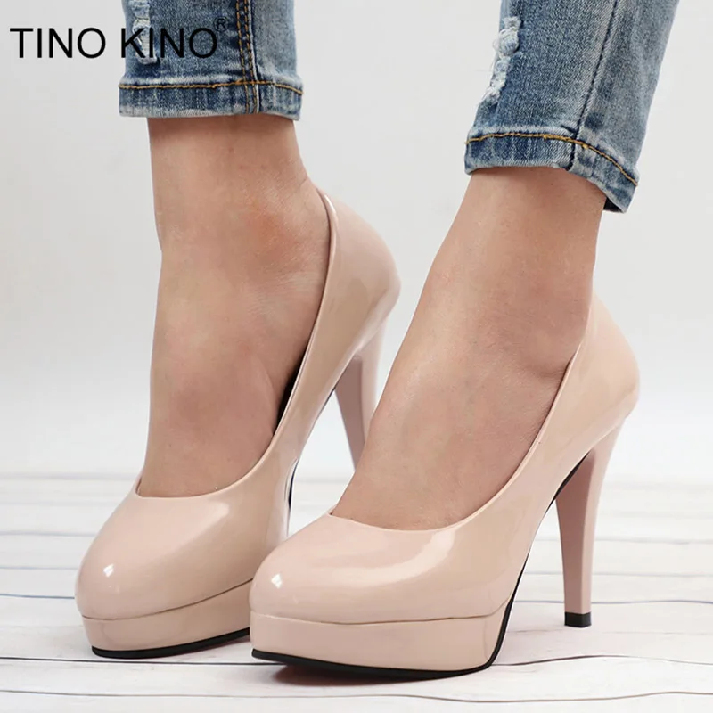 

Women Platform Spring Pumps New Ladies Patent Leather Thin High Heels Female Fashion Slip On Office Career Shoes Plus Size