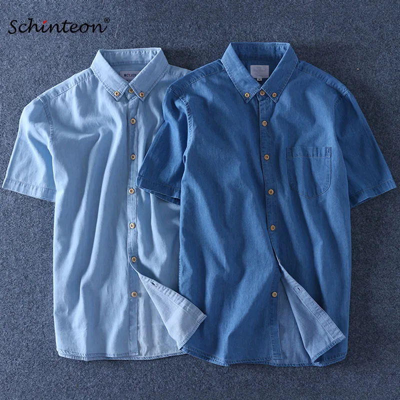 

Top Quality 2019 Summer Men Denim Shirt Short Sleeve Soft 100% Cotton One Pocket Slim Jeans Cowboy 4XL Fast Shipping