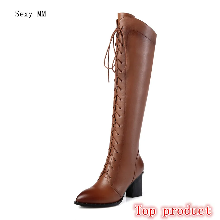 

Genuine Leather High Heel Women Knee High Boots Square High Heels Spring Autumn Woman Thigh High Boots Plus Size 34-40 41 42