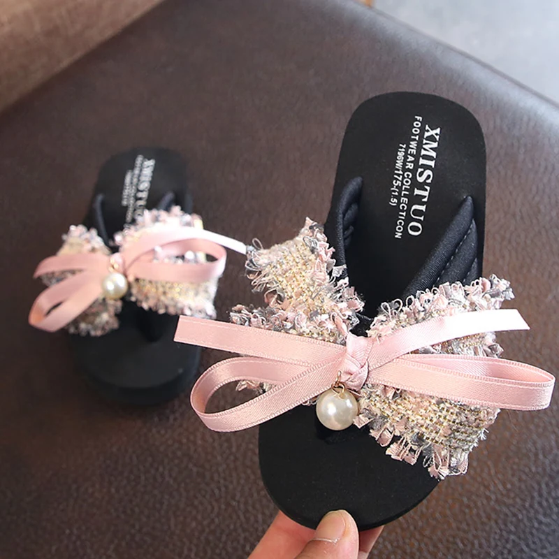 

Girls Slippers Lovely Princess Shoes Baby Flip Flops Childrens Slippers Sweet Bowknot Summer Beach Shoes Pearl Kids Slippers