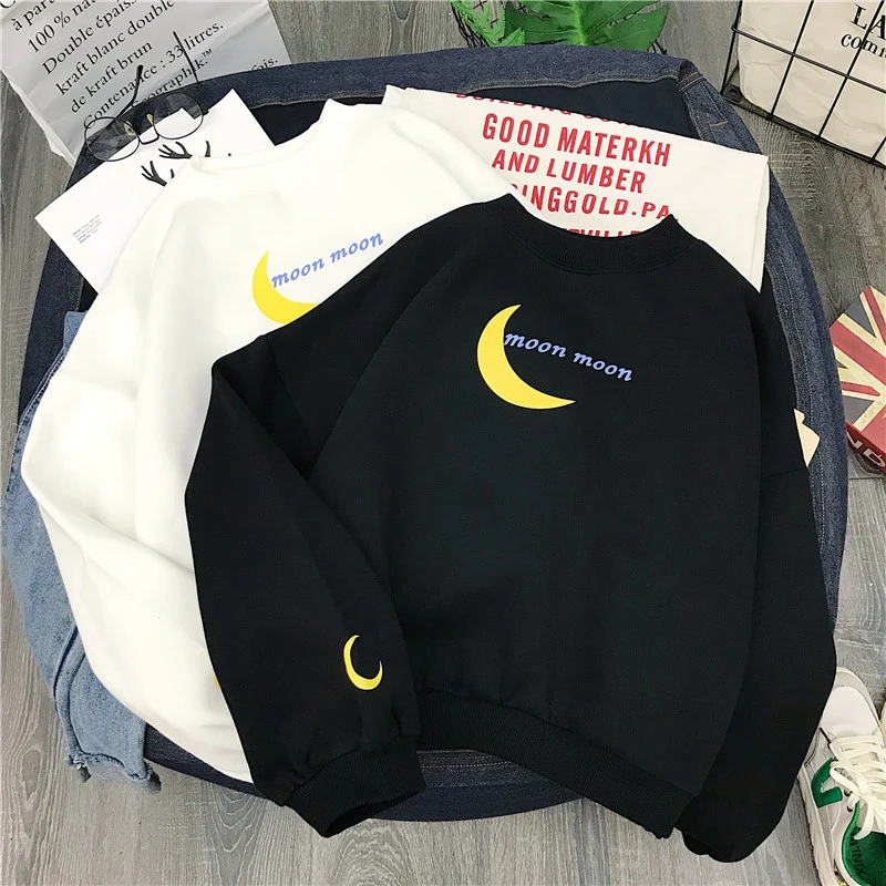 

Sudadera Mujer 2019 Autumn Womens Funny Sweatshirts Hoodies Korean Ulzzang Harajuku Moon Printed Pullover Velvet Sweatshirt Top