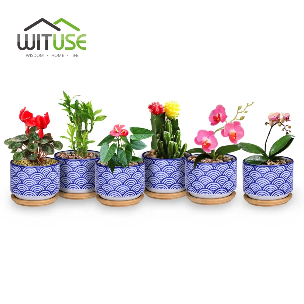 

WITUSE Glazed Ceramic Small Decorative Flower Pots Lovely Mini Fleshy Flowers Chinese Waves Garden Flowerpot For Succulent Plant