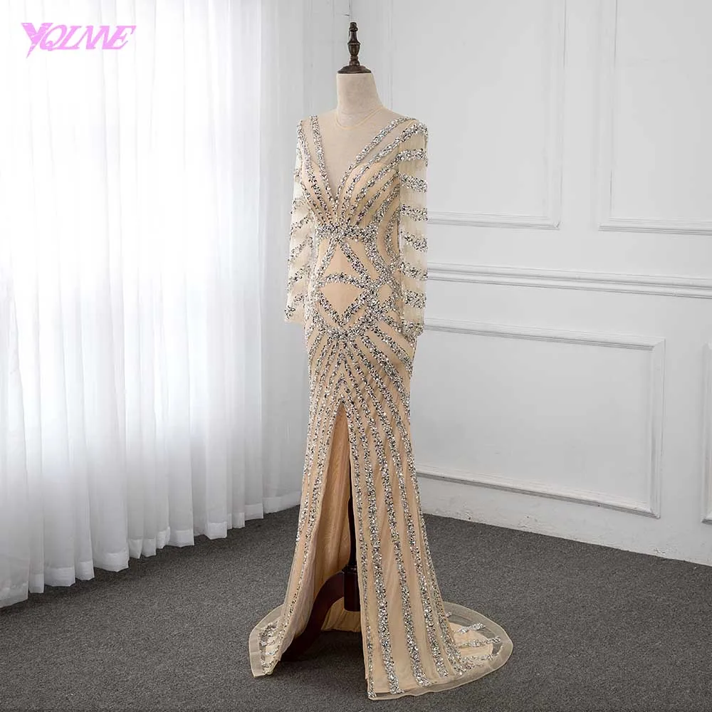 Sexy Champagne Crystal Evening Dress Long Sleeve Formal Gown Mermaid Slit Center YQLNNE Sexy Champagne Crystal Evening Dress Long Sleeve Formal Gown Mermaid Slit Center YQLNNE