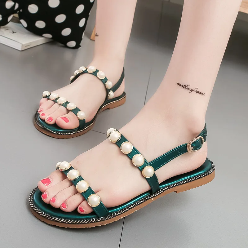 2018 Pearl Flat Women's Sandals Fashion New Summer Concise Ladies