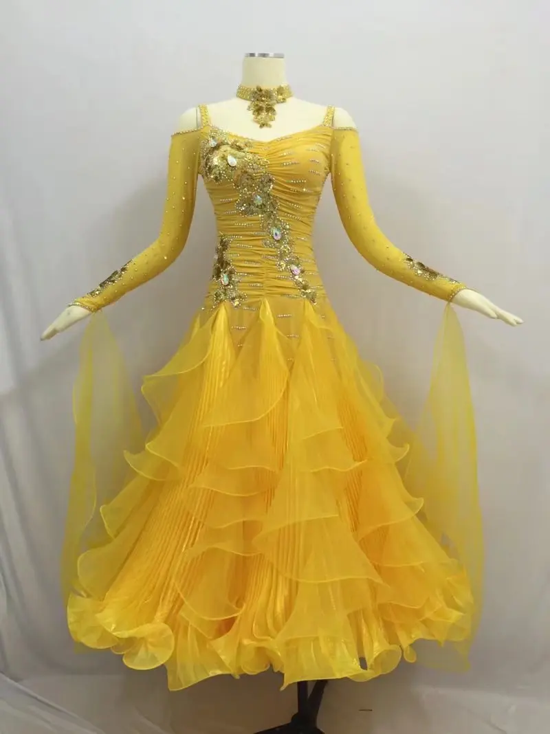 Стандартный Бальные Танцы платье Для женщин высокое качество с длинным рукавом желтый Цвет Вальс Танго конкурс бальных танцев платья