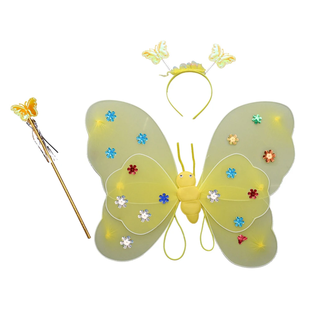 3 x Kids girls Fairy Princess Costume Sets Colorful Stage Wear Butterfly Wings Wand Headband Tutu Skirt Accessory Multi Color 
