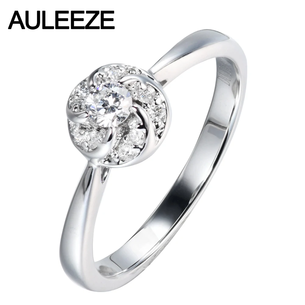 AULEEZE 0.1CT настоящий бриллиант обручальное кольцо 18 к белое золото цветок женское кольцо натуральный бриллиантовые Свадебные ювелирные изделия