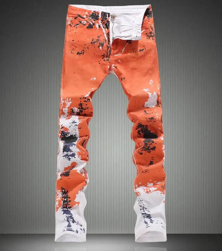 

New  Men Colorblock Painted Print Jeans Fashion Slim Long Trousers