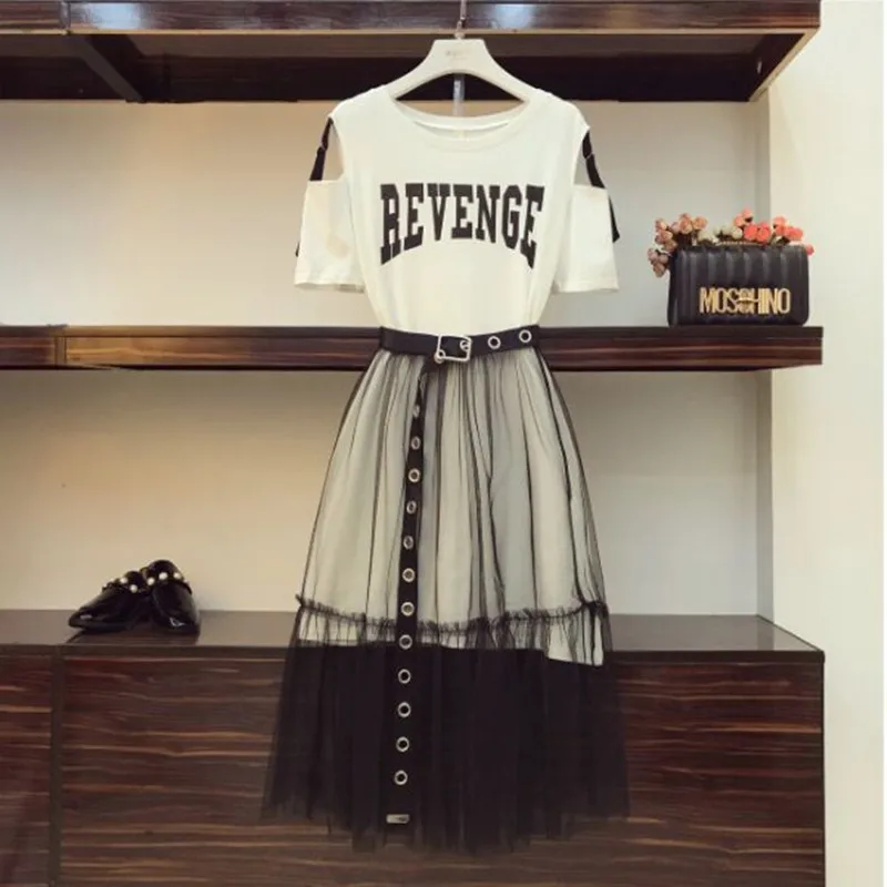 

2019 Summer Women Gauze Skirt Sets Two Piece Set Long Design Off Shoulder T Shirt & Gauze Skirt Students Holiday Outfits