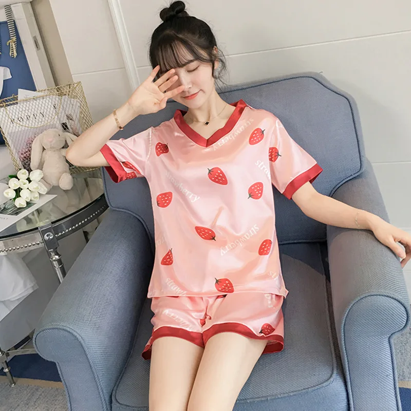 Pajama girls summer ice silk short sleeves two pieces of suit Korean fresh sweet lovely students thin silk home clothes - Цвет: R