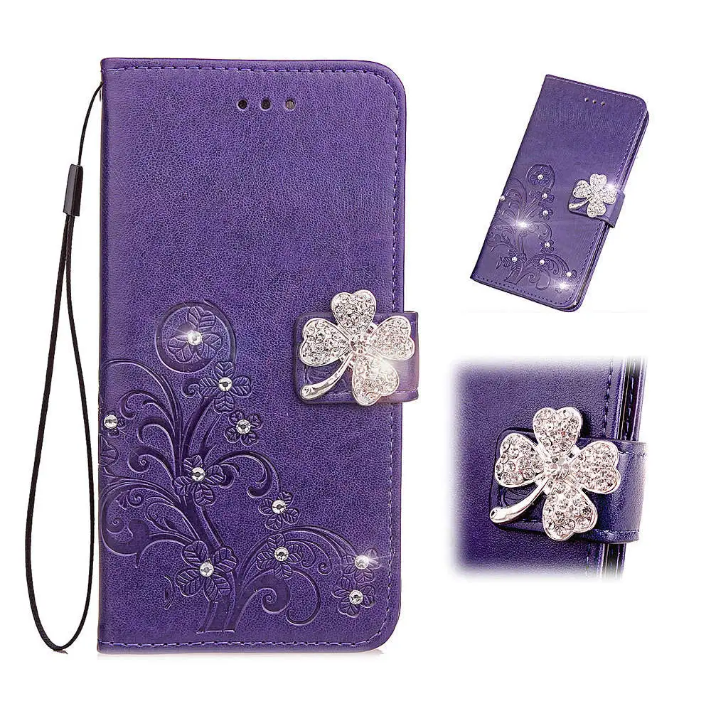 

For Huawei Y5 Case Flip Woman Luxury PU Leather Wallet Lucky Clover Pattern Glitter Flower Cover for Huawei Y5 2019 Smartphone
