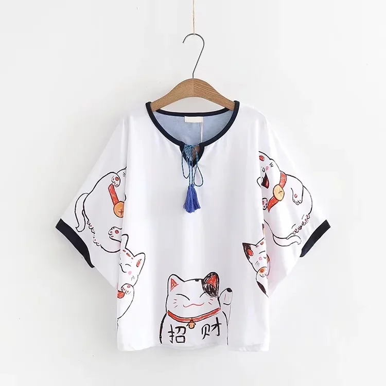 Для женщин с изображением из мультфильма Lucky Cat принт Япония Стиль Harajuku футболки летние шорты с длинным рукавом с О-образным вырезом хлопковые топы футболки Femme Накидки футболка - Цвет: Белый