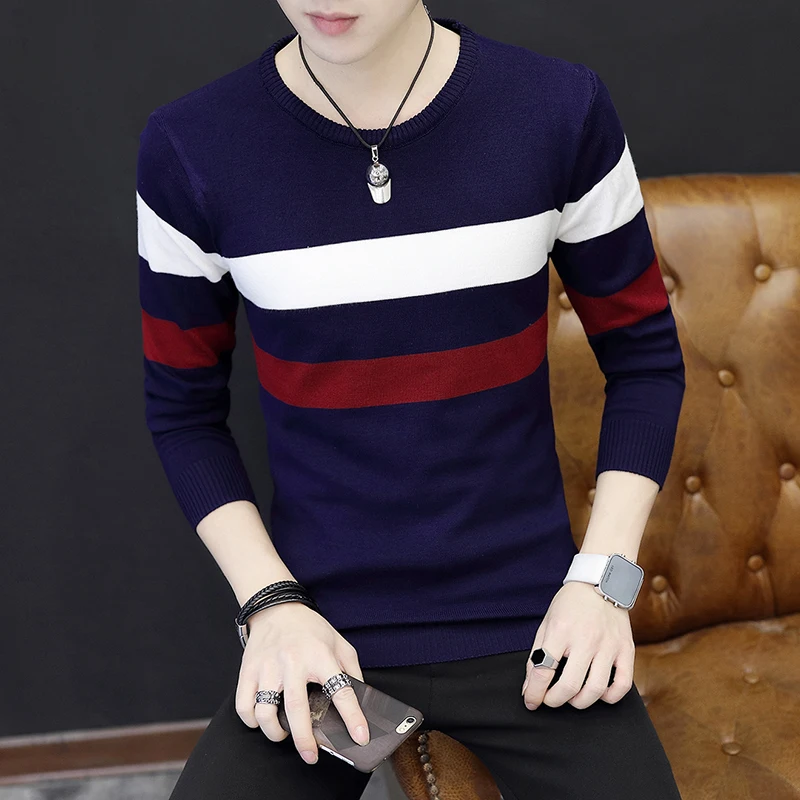 

2018 autumn thin sweater male teenagers Round collar stripe knit sweater tide cultivate one's morality