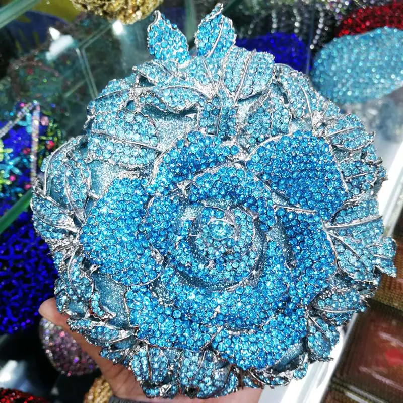 Новейший дизайн, вечерние сумочки в форме цветка для банкета, женская вечерняя сумочка, стразы, свадебная сумочка-клатч на цепочке, сумочка на руку SC628 - Цвет: light blue