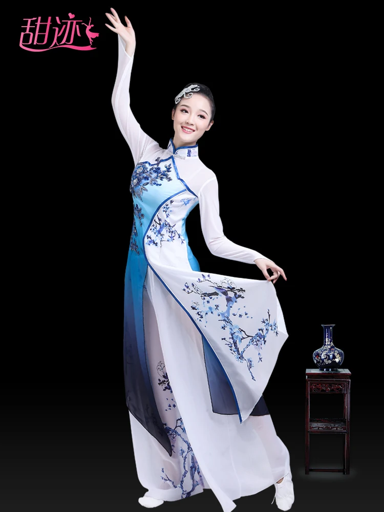 Классический танцевальный костюм элегантный веер для танцевального Костюма Синий и белый фарфор Национальный танцевальный костюм Jiangnan костюм для выступления
