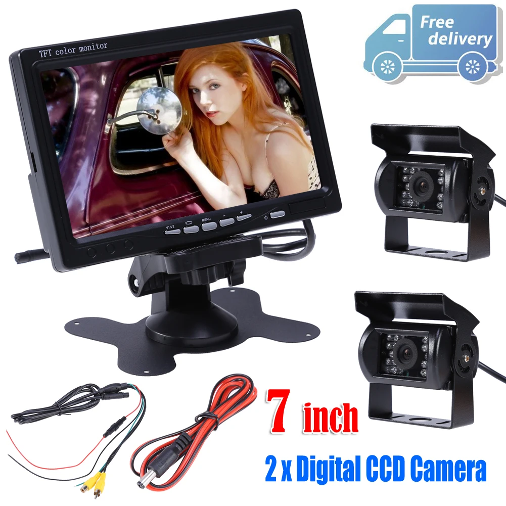 

7" TFT LCD Car Rear View Kit 12V Auto Monitor for Headrest Dashboard with 2 Digital CCD Reverse Rearview Camera Remote Control