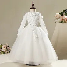 Свадебное платье с аппликацией из бисера для девочек; Платья с цветочным узором для девочек; кружевное Пышное Бальное Платье с длинными рукавами; Детские платья для первого причастия