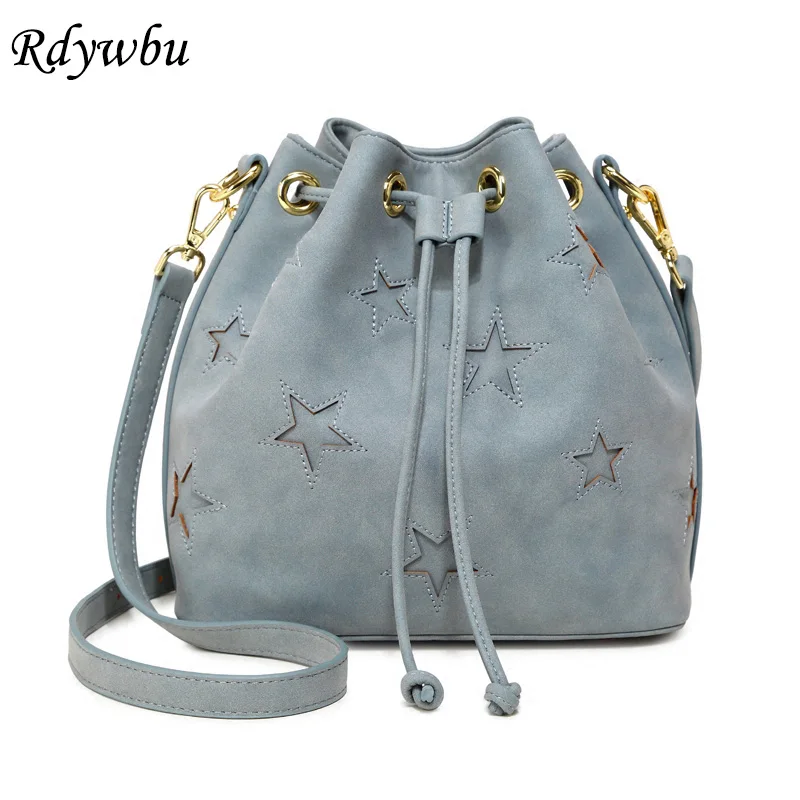 

Rdywbu Star Drawstring Bucket Bags 2018 Women's New Fashion Brand PU Leather Hollow Out Cross Body Bag Mini Messenger Bag B316