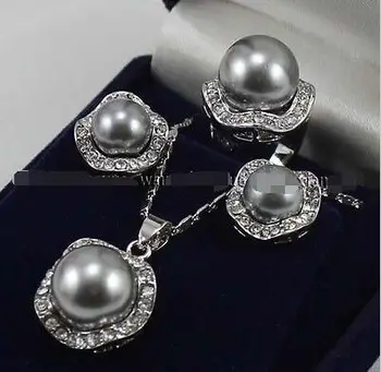 

FREE SHIPPING HOT sell new Style >>>>Silver Gray Shell Pearl Earrings / Ring / Necklace Pendant Set