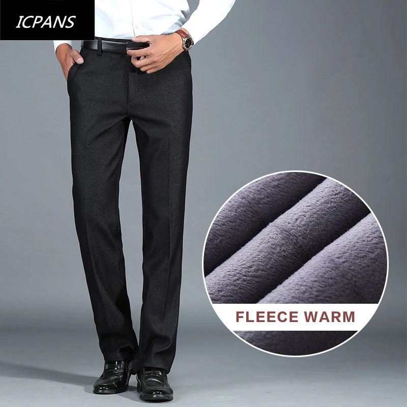 

ICPANS Mens Black Suit Pants Casual Fleece Warm Winter Pants Men Regular Wrinkle Elasticity Thick Trousers Male Big Size 42