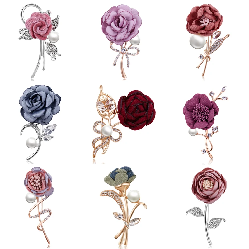 

Fashion Cloth Flower Brooches Badge for Women Fabric Rose Brooch Pin Wedding Jewelry Imitation Pearl Best Gift