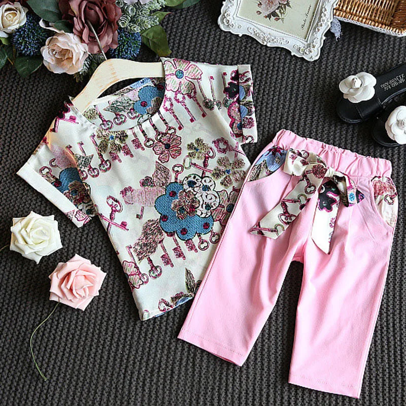 Одежда для девочек 2, 3, 4, 5, 6, 7, 8 лет весенне-летние детские костюмы для девочек, футболка с цветочным рисунком розовые штаны комплект одежды для детей