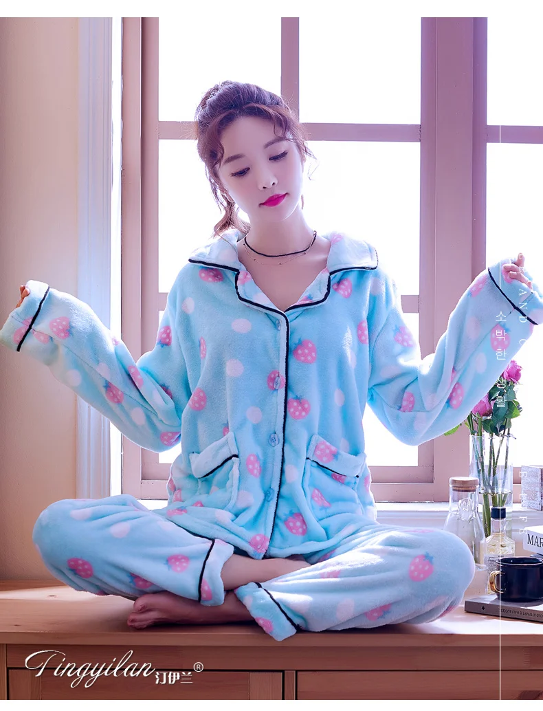 H5802 Модные женские пижамы костюм женский уплотненная фланель осень зима длинный рукав коралловый плюш Корейская Ночная сорочка