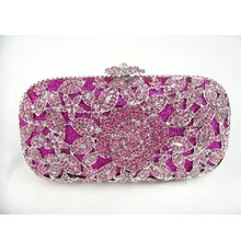 A6158PK PINK crystal Rose Floral flower Lady fashion Bridal Party Night hollow Metal Evening purse Handbag case box clutch bag