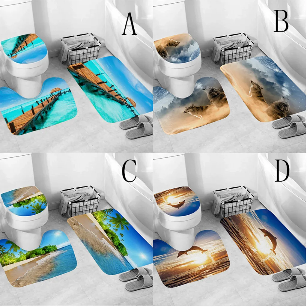 

3pcs Non-Slip Fish Scale Seascape Pattern Bathroom Rugs Set Anti-slip Toilet Bath Mats Set Carpet For Bathroom And Toilet H0528