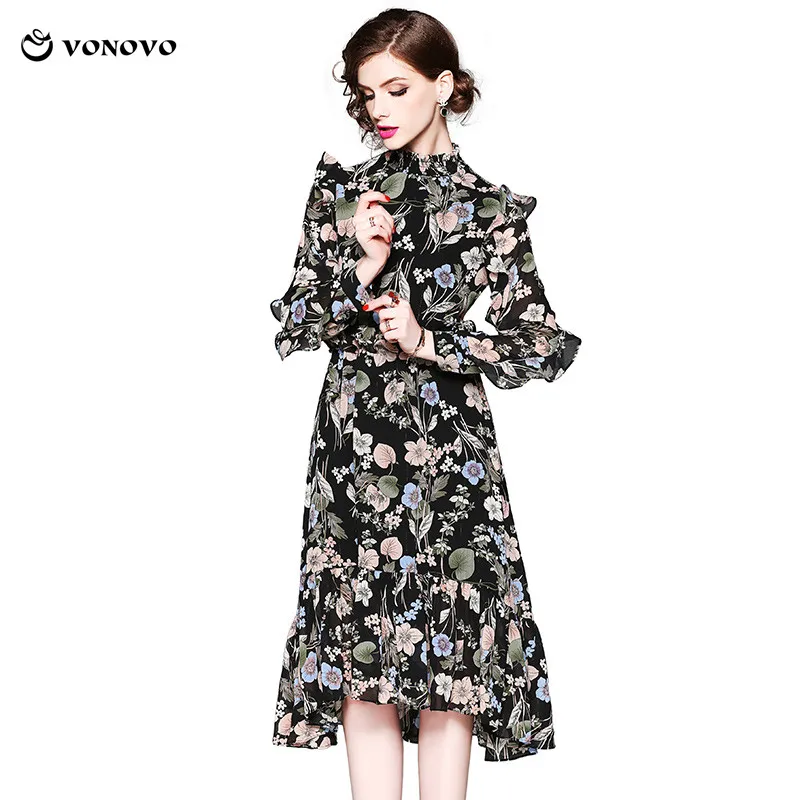 Vonovo New 2018 Autumn Floral Print Dress Butterfly Sleeve Chiffon ...