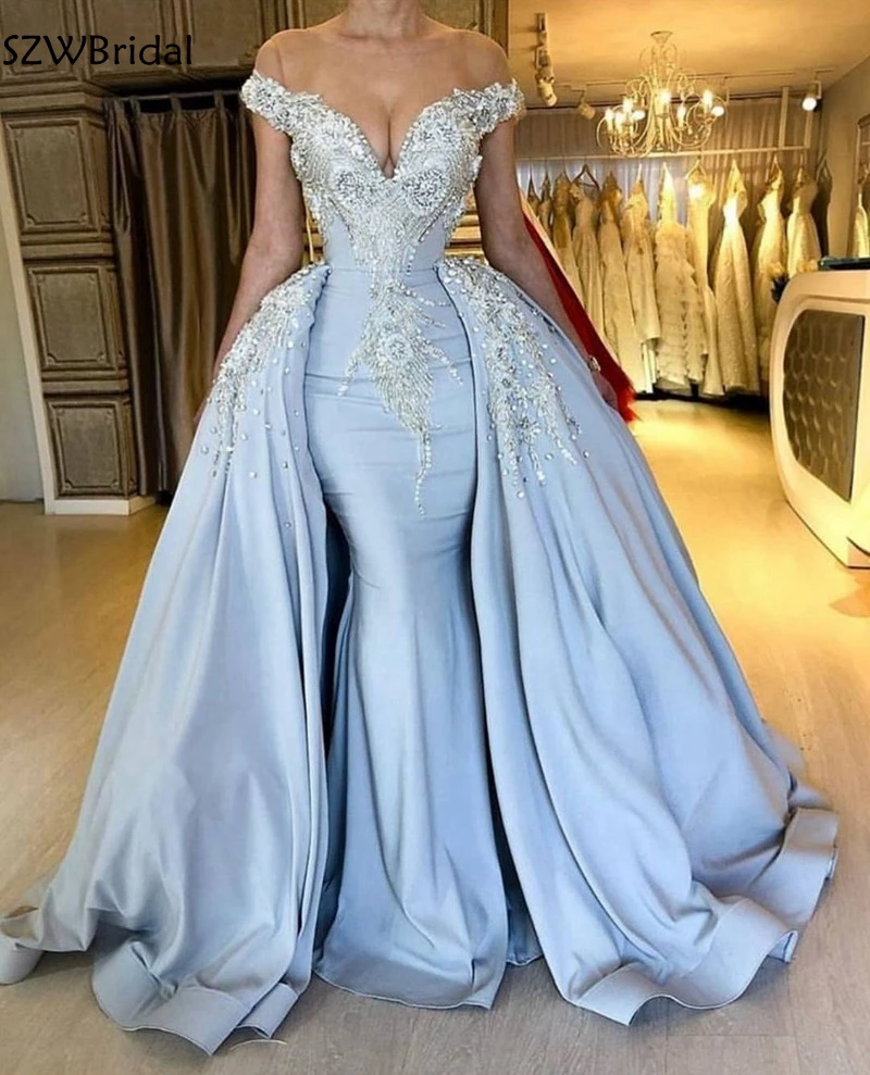 

New Arrival Satin Sky Blue Mermaid evening dresses 2019 Silver Crystals Beaded evening gowns abiye Formal dress party vestido